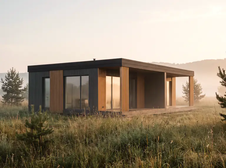 Holiday House 72 — темний модульний будинок з двома терасами біля басейну